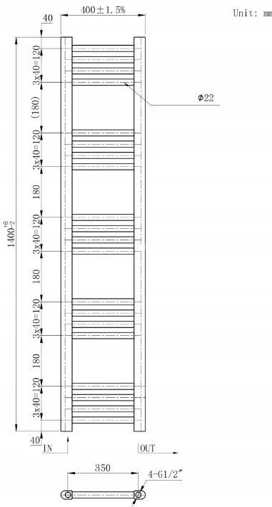 Erga Basic, vykurovacie teleso 1400x400 mm, 464 W, čierna, ERG-LAV-BASIC-14040-BK