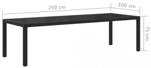 vidaXL Záhradný stôl čierny 250x100x75 cm tvrdené sklo a polyratan-