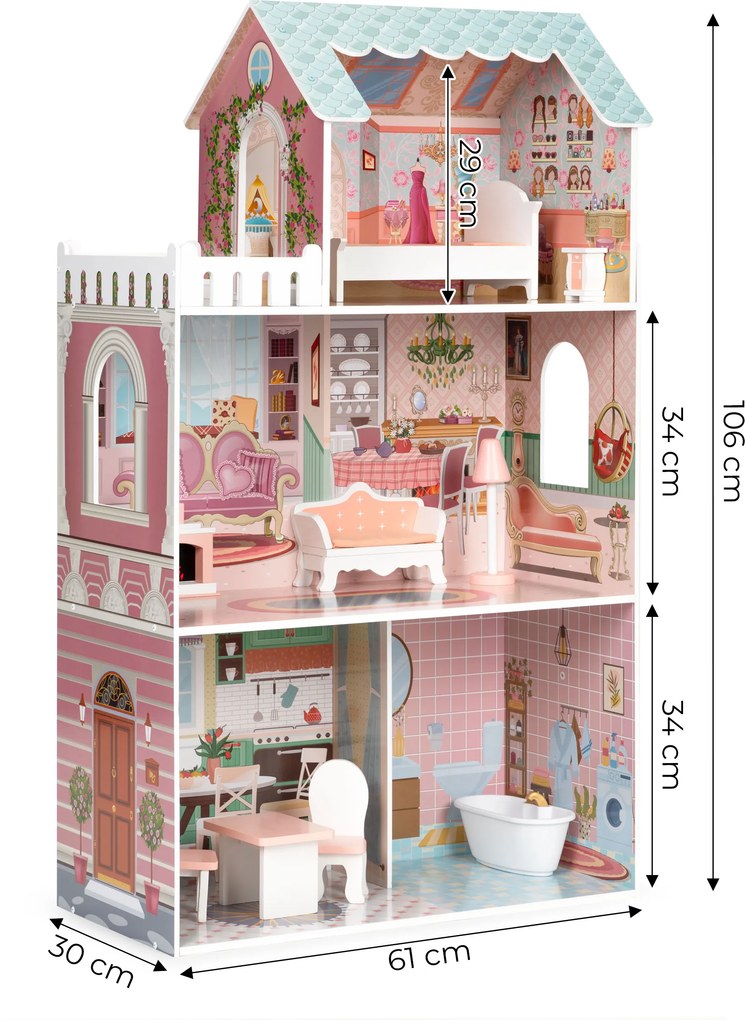 Veľký drevený domček pre bábiky ECOTOYS – 3 poschodia, 9 dielikov nábytku (pre Barbie)