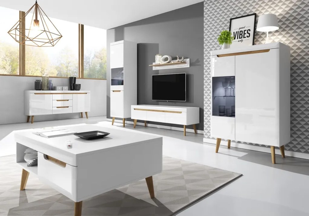 Vysoká vitrína Nordi, dub riviéra/biela lesk