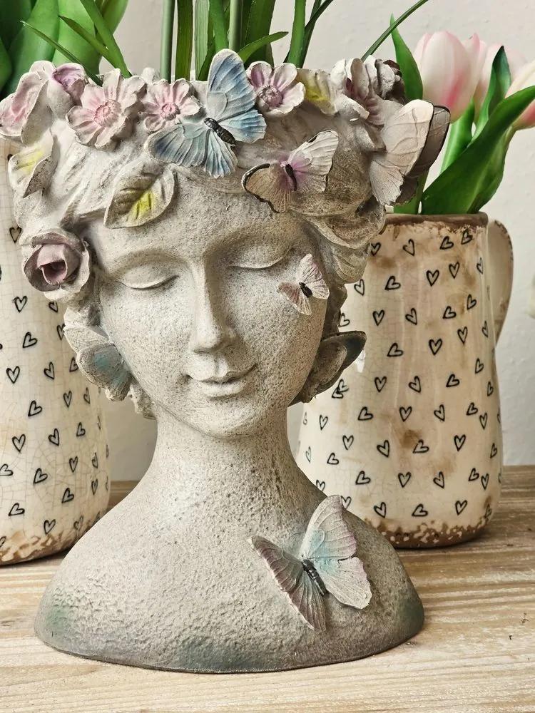 Šedý dekoratívny kvetináč hlava ženy s kvetmi a motýliky - 20*18*26 cm