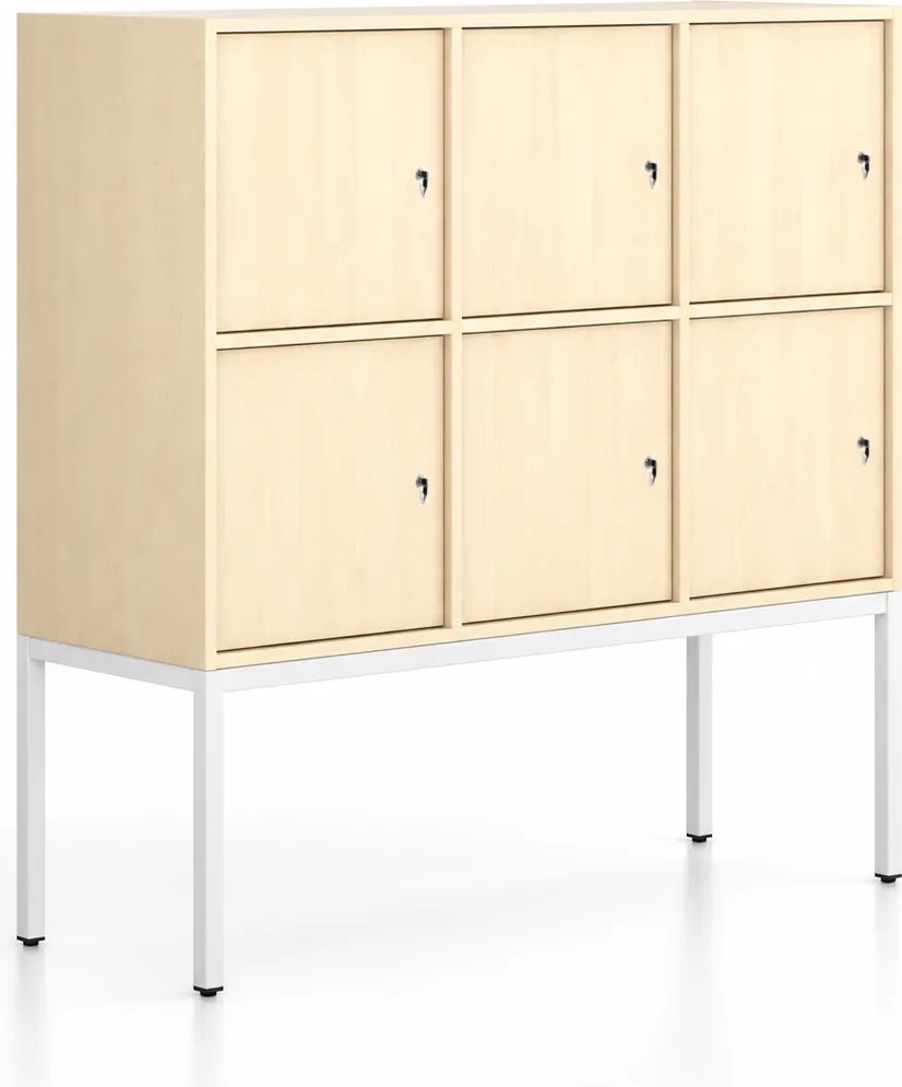 Kancelárska skriňa FRAME, nízka, biela podnož, 6x dvere, 1299 x 450 x 1331 mm, cylindrický zámok, breza