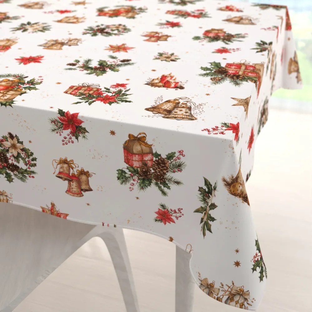Biante Vianočný bavlnený štvorcový obrus Sandra SA-515 Vianočné hviezdy a ozdoby na bielom 150x150 cm