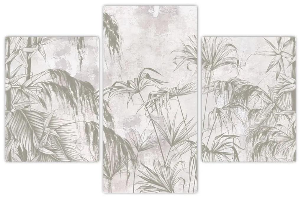 Obraz - Tropické rastliny na stene v šedej (90x60 cm)