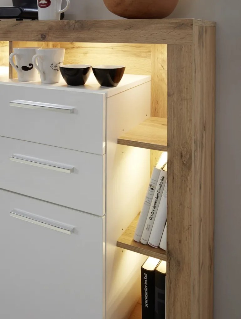 Vysoká komoda Rock, 121 cm, dub Wotan / biely lesk