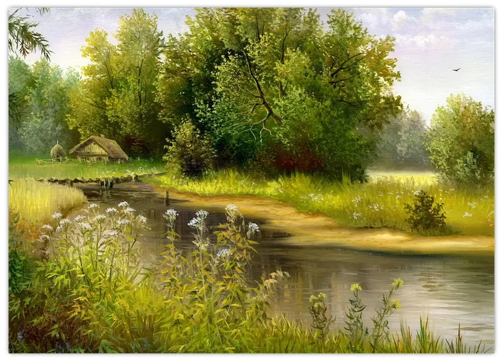 Obraz - Rieka pri lese, olejomaľba (70x50 cm)