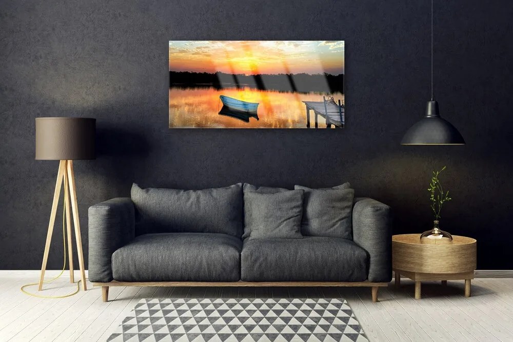 Skleneny obraz Loďka most jazero príroda 125x50 cm