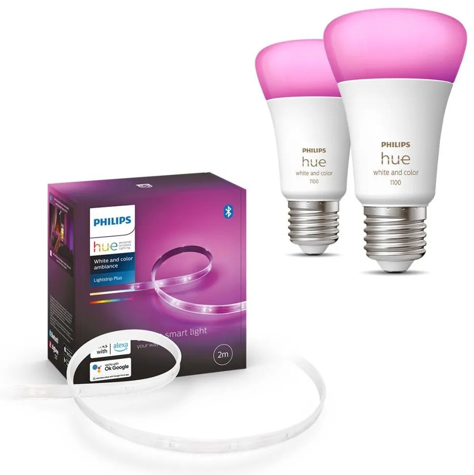SADA -LED RGBW Stmievateľný pásik Philips Hue 2m 20W/230V + 2x LED Žiarovka E27/9W