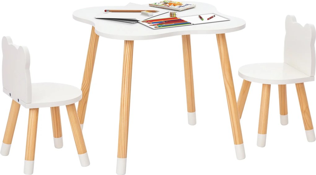 HOMCOM Detský stôl a 2 stoličky Set, Drevený Nábytok pre Hračkárne a Detské Izby, Stôl 56x56x50 cm a Stoličky 28x25x46 cm, Prírodný a Biely | Aosom