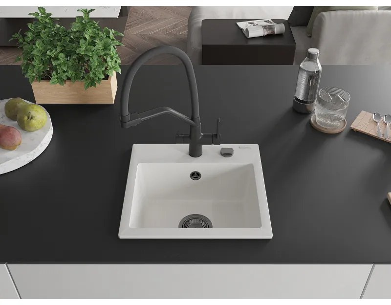 Mexen Milo, granitový drez 435x410x171 mm, 1-komorový a drezová batéria Duo, biela, 6505-20-671701-70-B