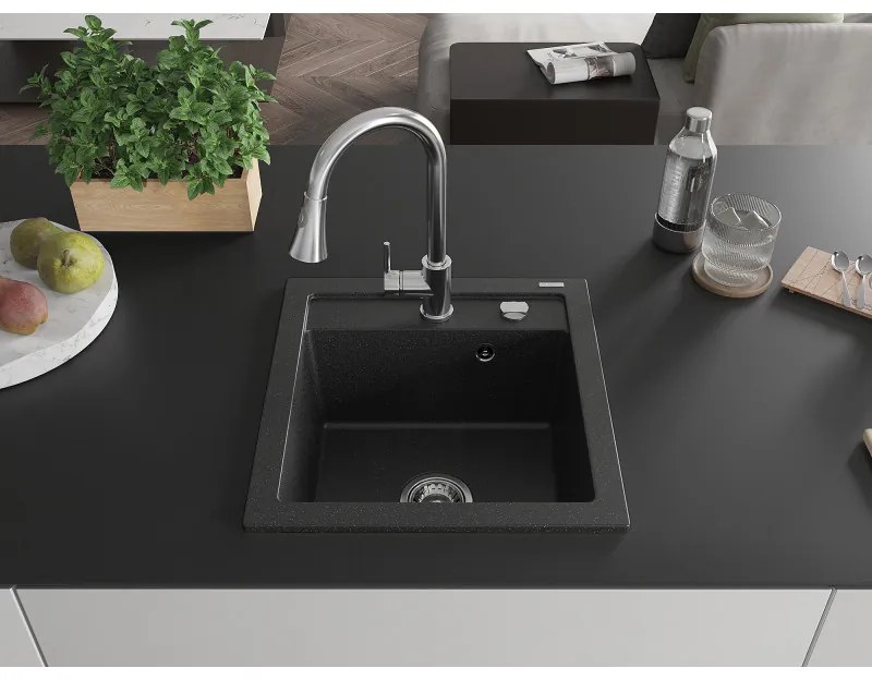 Mexen Vito, 1-komorový granitový drez 490x520x210 mm a drezová batéria Elia, čierna-strieborná metalíza, 6503-73-670101-00