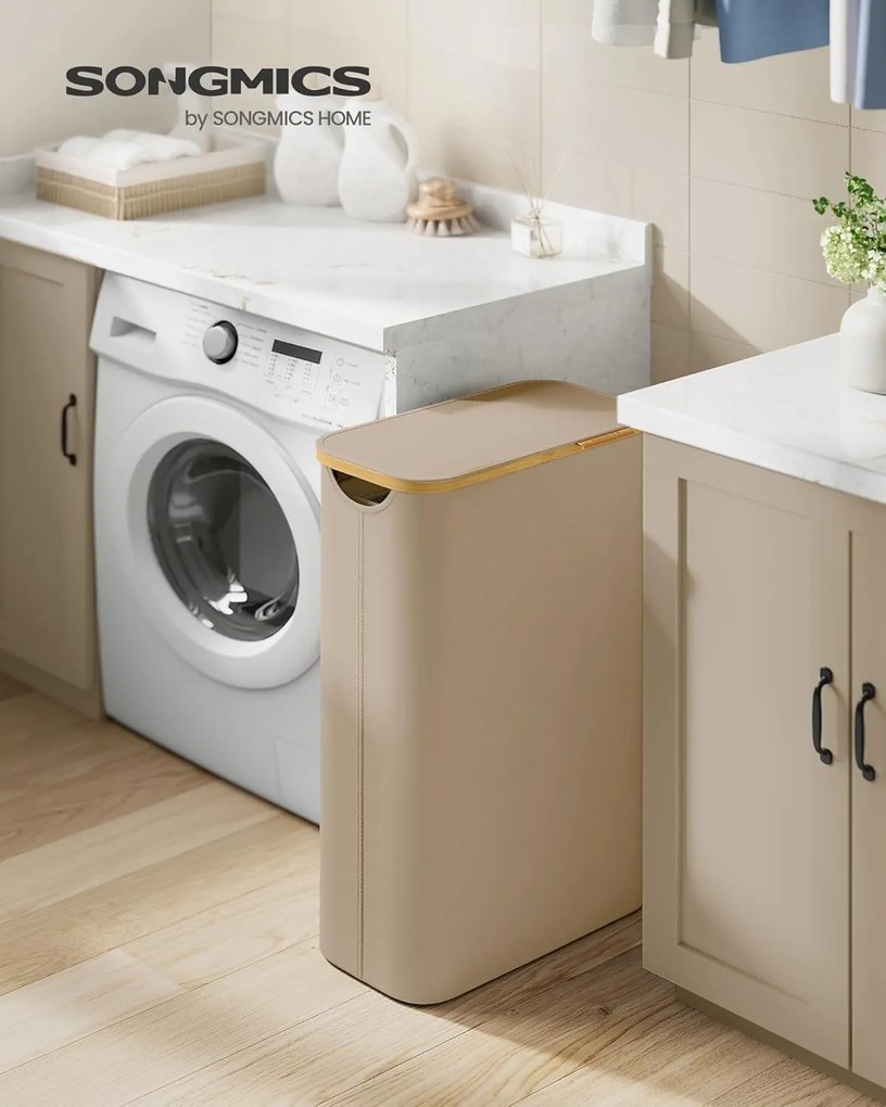 Kôš na prádlo s viečkom, úzky úložný kôš na prádlo, 65 L, 42 x 22,5 x 70,5 cm, Tehlovo hnedá