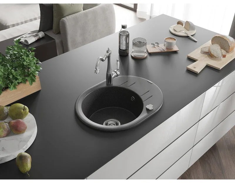 Mexen Kevin, drez granitový 586x458x190 mm, 1-komorový a drezová batéria Carla, čierna škvrnitá, 6517-76-670700-00