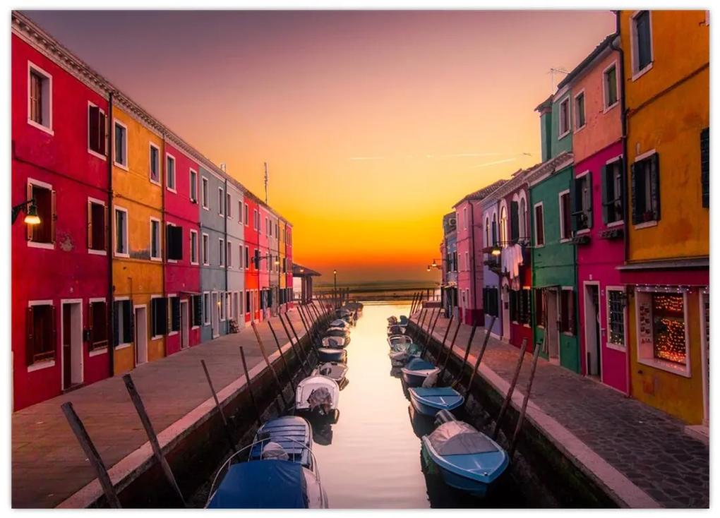 Sklenený obraz - Západ slnka, ostrov Burano, Benátky, Taliansko (70x50 cm)