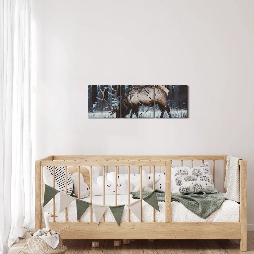 Obraz - jeleň v zime (s hodinami) (90x30 cm)