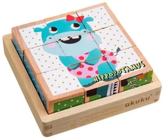 AKUKU Skladacie edukačné drevené kocky v krabičke Akuku ZOO 9 ks