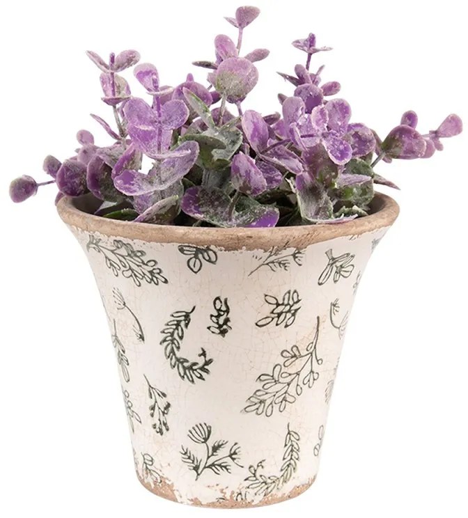 Béžový antik keramický obal na kvetináč so zelenými kvetmi M - Ø 14*13 cm