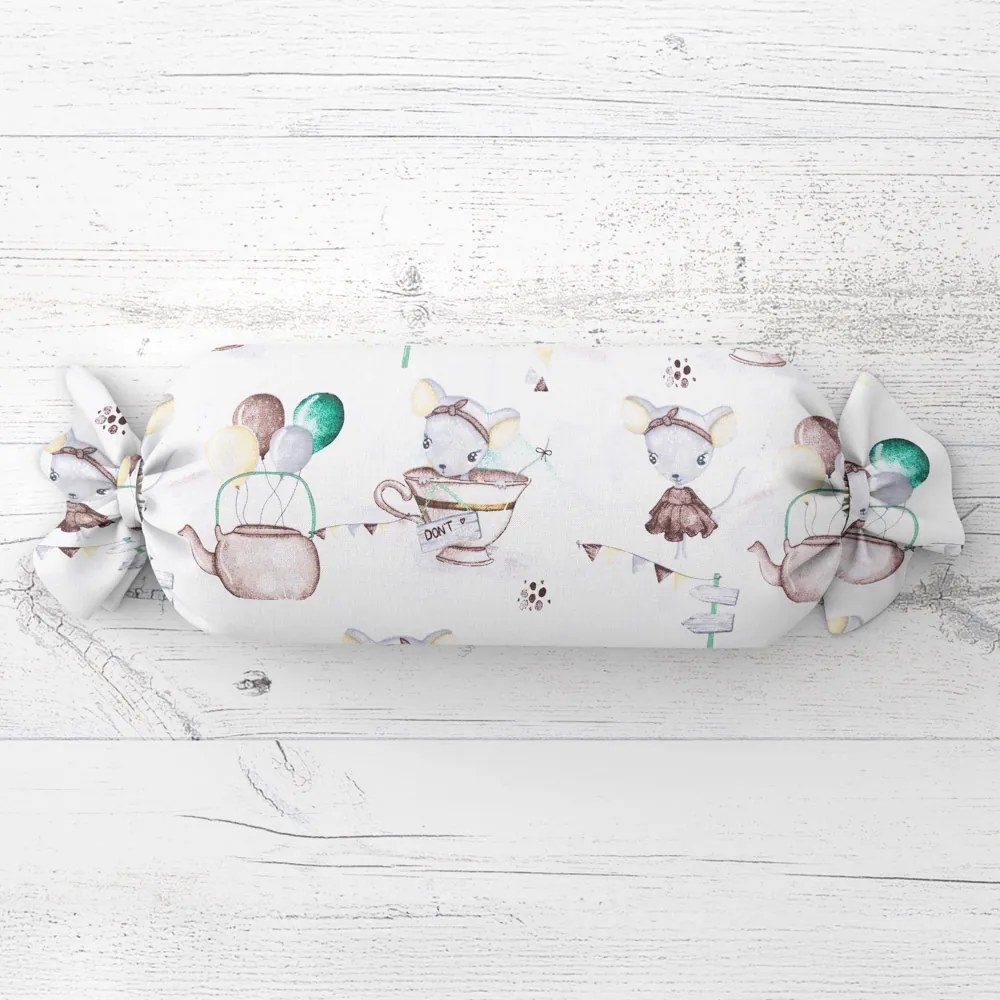 Biante Detský vankúš valec bonbon Sandra SA-372 Myšky a konvičky na bielom 15x40 cm