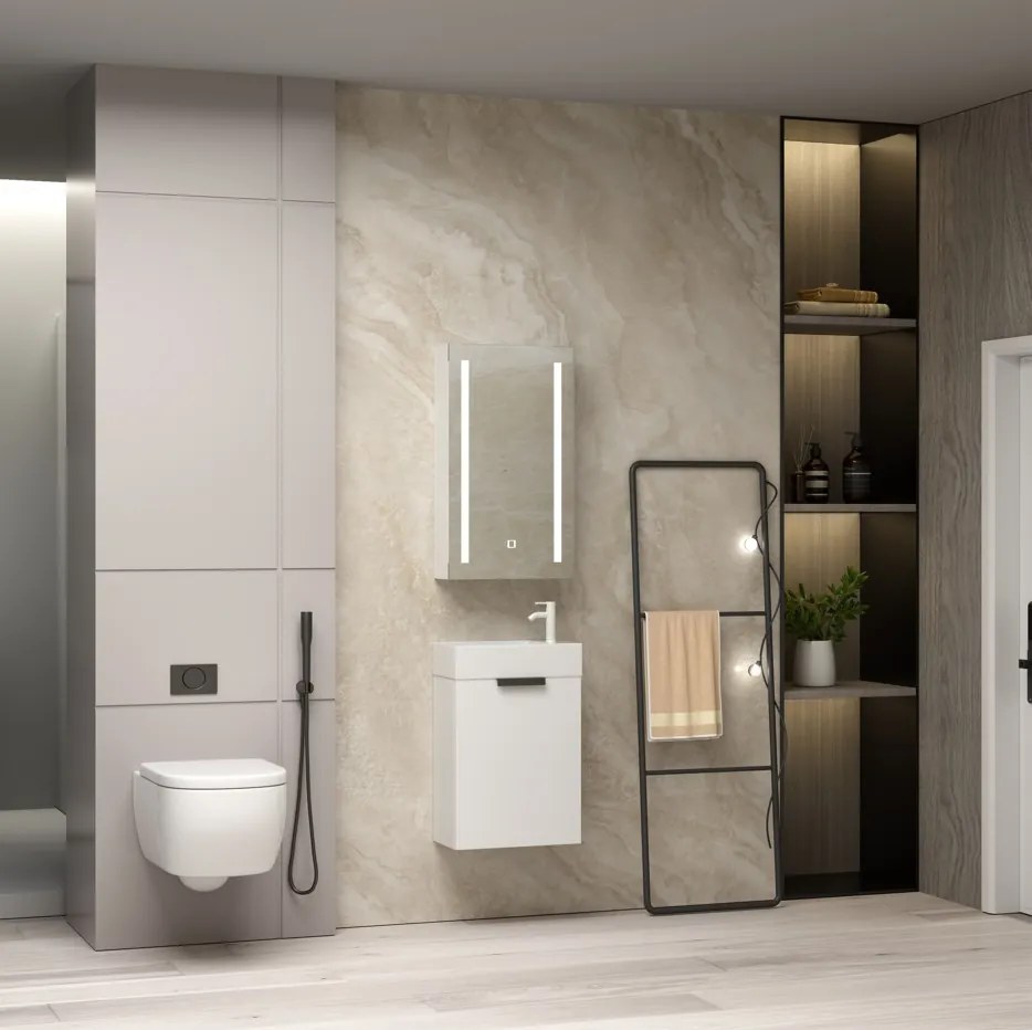 Erga Hana, zrkadlová galérka s LED osvetlením 40x70cm s integrovanou zásuvkou, biela, ERG-V05-HANA-4070-WH