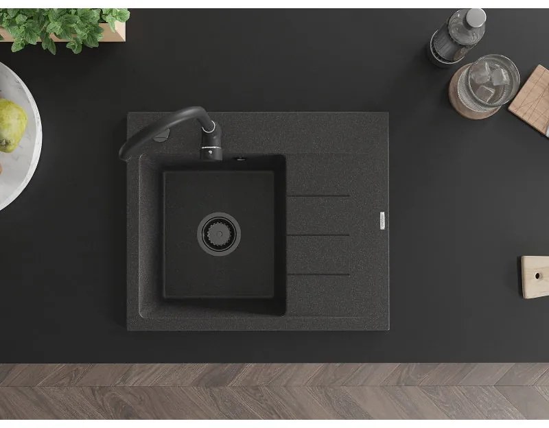 Mexen Ben, 1-komorový granitový drez 600x500x190 mm, ľavý + čierny sifón, čierna škvrnitá, 6522605000-76-B