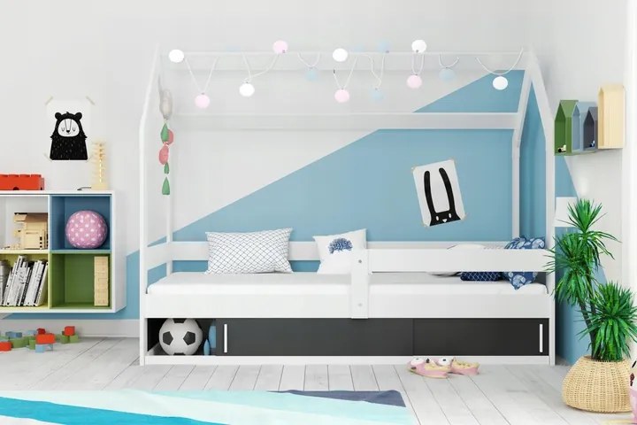 Interbeds BMS Group Domček detská posteľ Biela 80x160 s grafitová zásuvkou