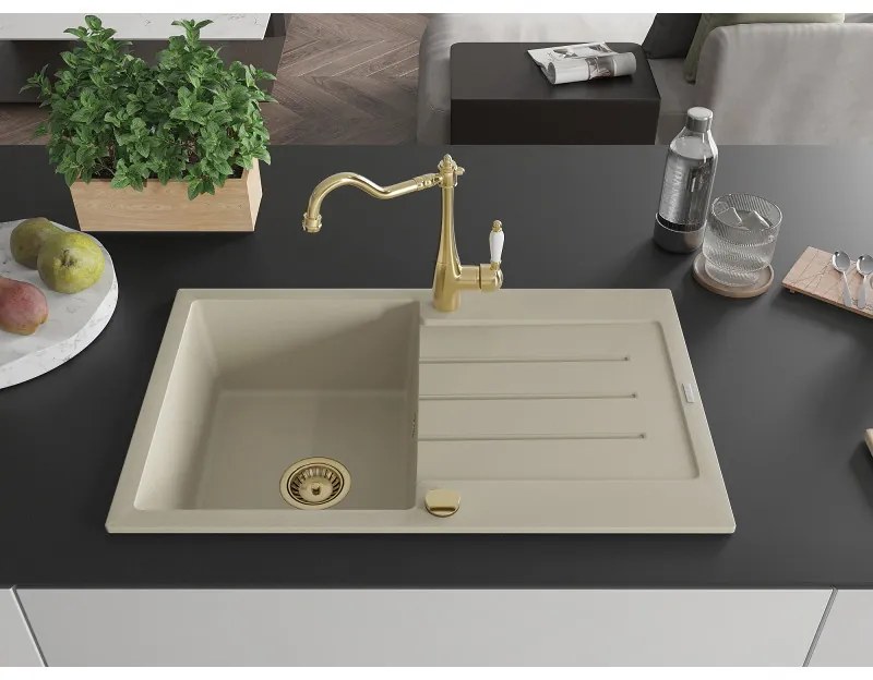 Mexen Bruno, granitový drez 795x495x200 mm, 1-komorový a drezová batéria Carla, béžová, 6513-69-670700-50