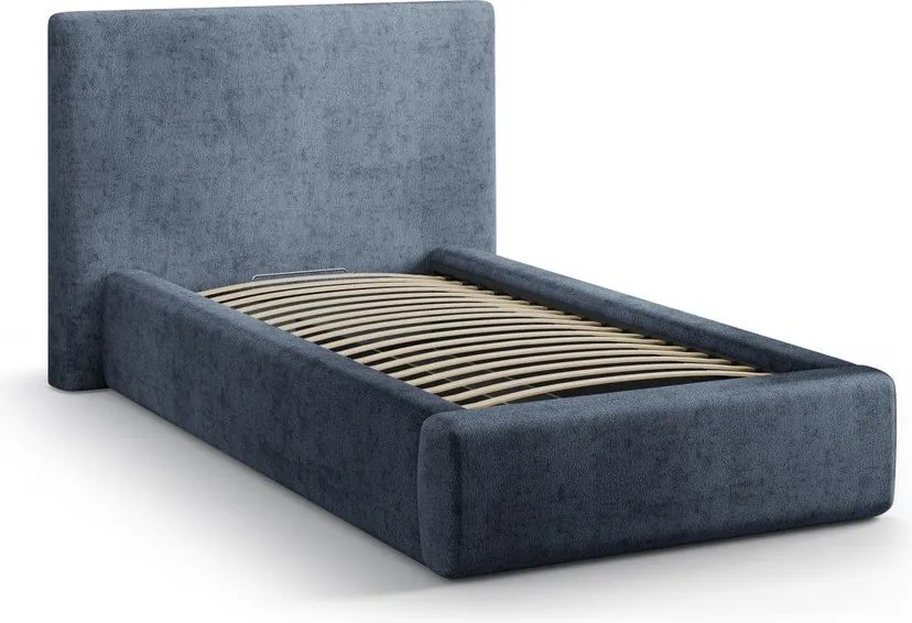 Tmavomodrá čalúnená jednolôžková posteľ s úložným priestorom s roštom 90x200 cm Amy – Micadoni