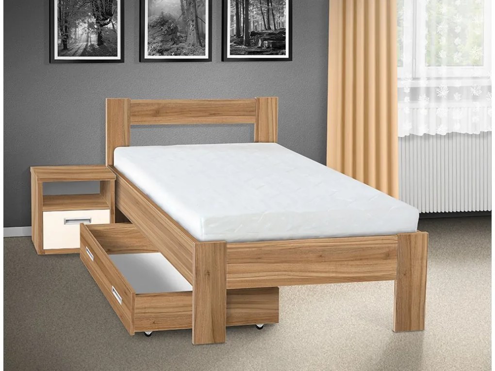 Nabytekmorava Drevená posteľ Sandra 200x140 cm farba lamina: buk 381, typ úložného priestoru: úložný priestor - šuplík, typ matraca: Matraca 17 cm sendvičová