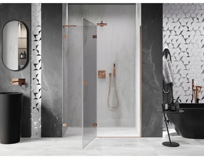 Mexen Lunar L, ľavé otočné sprchové dvere 135 cm, 8mm číre sklo, ružové zlato profil, 834L-135-000-60-00-L