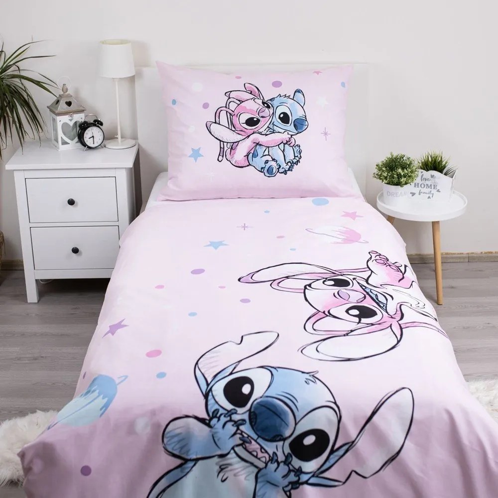 Ružová bavlnená detská obliečka na jednolôžko 140x200 cm Lilo a Stitch "Universe" – Jerry Fabrics