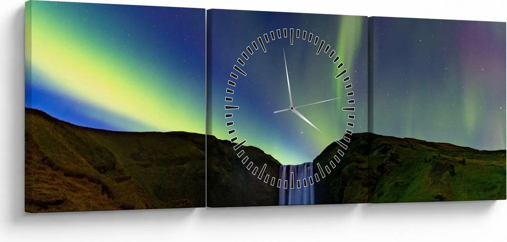 Obraz - Polárna žiara na Islande (s hodinami) (90x30 cm)