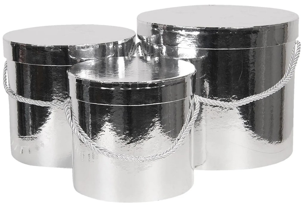 Sada 3ks strieborných papierových krabíc - Ø 16 * 15 cm / Ø 19 * 17 cm / Ø 23 * 19 cm