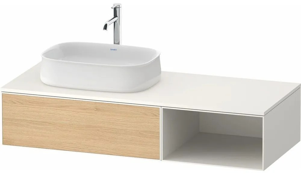 DURAVIT Zencha závesná skrinka pod umývadlo na dosku (umývadlo vľavo), 1 zásuvka + 1 otvorená priehradka, 1300 x 550 x 281 mm, dub prírodný/biela super matná, ZE4818030840000