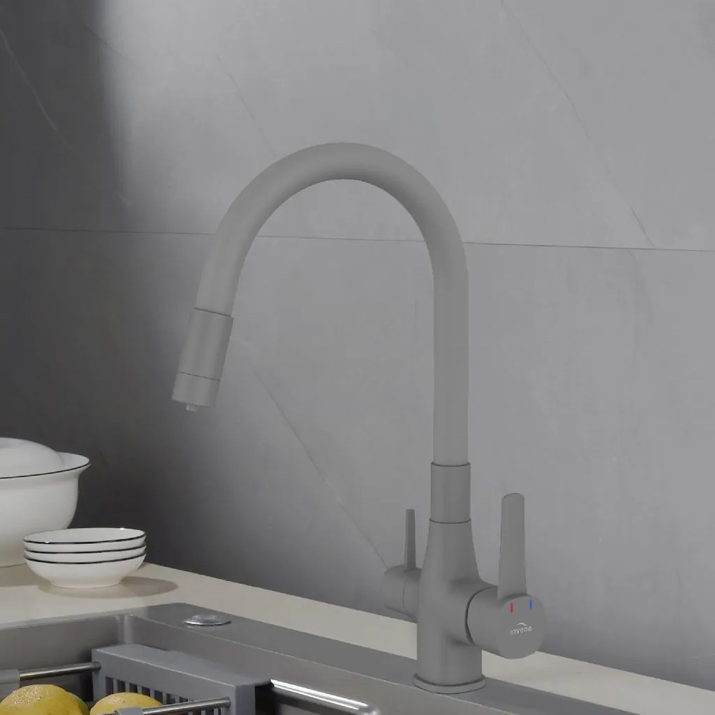 Invena Magic, stojanková drezová batéria s flexibilným ramenom a filtrom na pitnú vodu, šedá matná, INV-BZ-02-F05-V