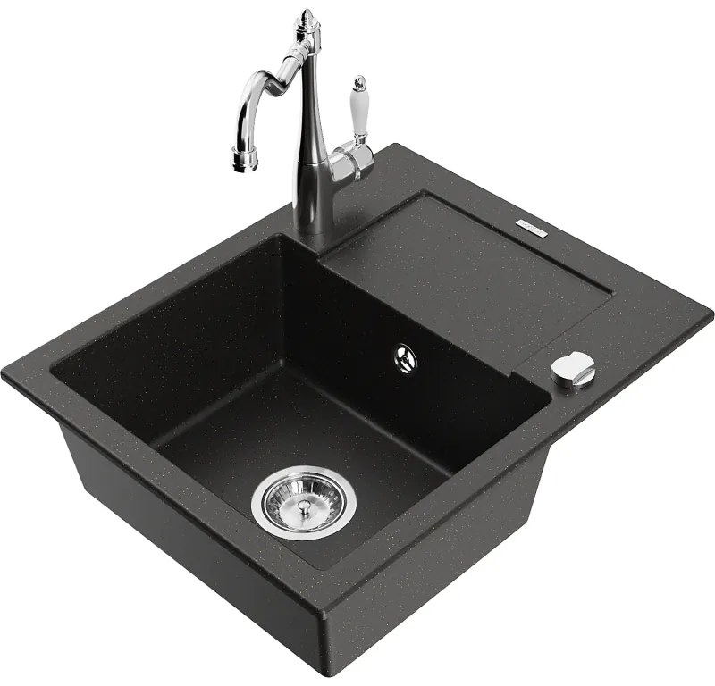 Mexen Enzo, granitový drez 576x465x174 mm, 1-komorový a drezová batéria Carla, čierna-zlatá metalíza, 6506-75-670700-00