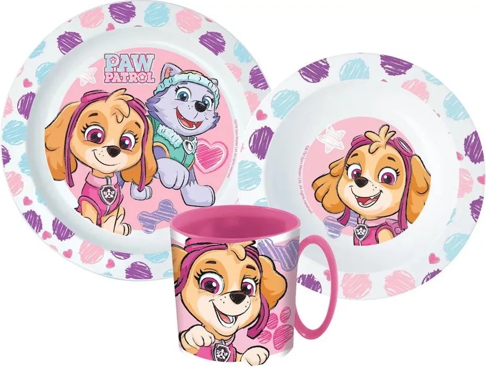 Dievčenská súprava plastového riadu Labková patrola s hrnčekom - BPA free - 3-dielna súprava