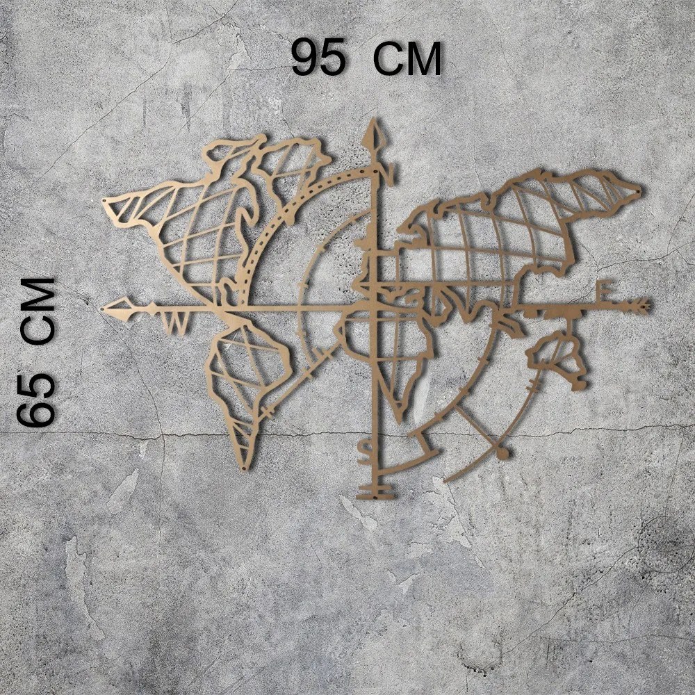Nástenná dekorácia Svetová mapa Kompas Led zlatá