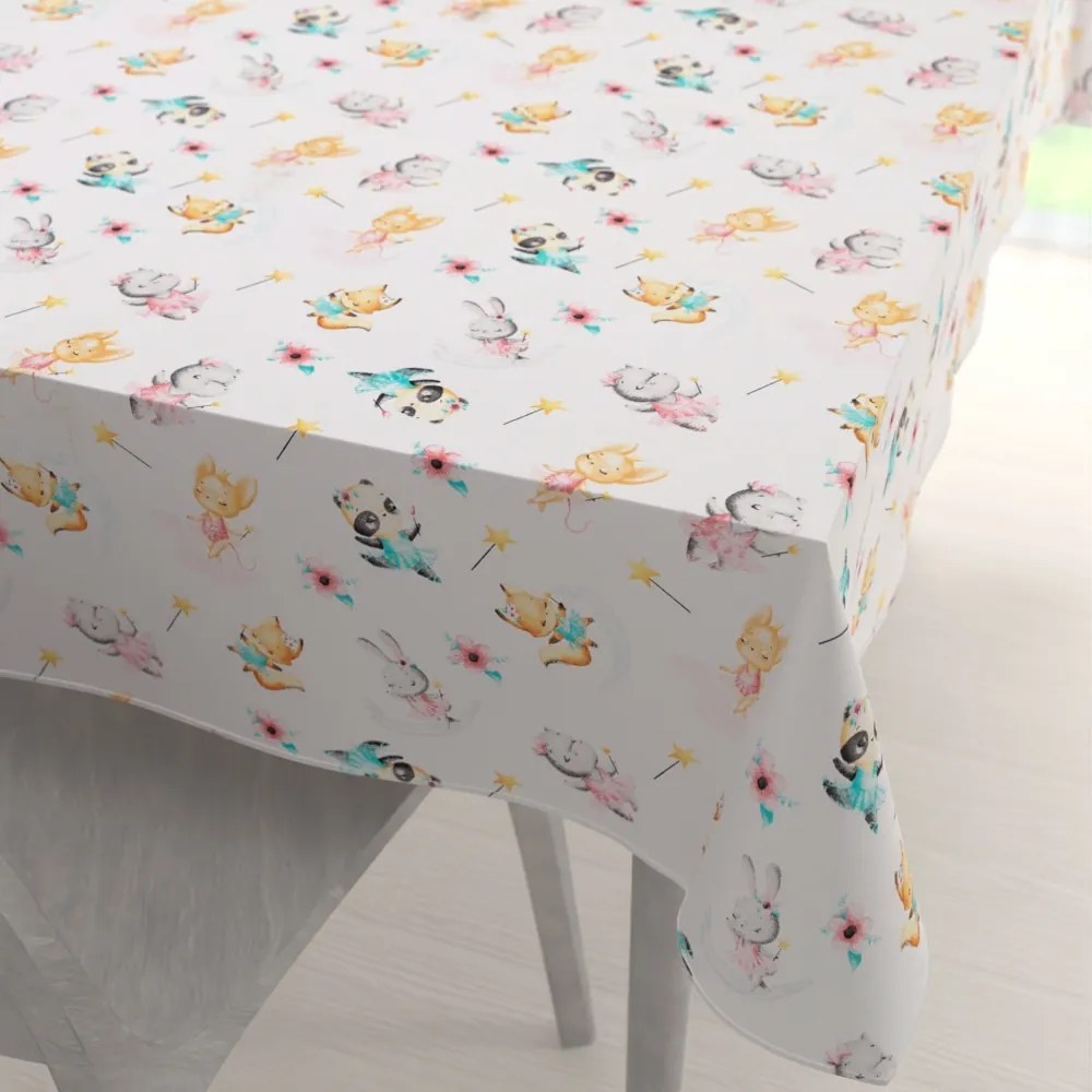 Biante Detský bavlnený obdĺžnikový obrus Sandra SA-671 Zvieratká baletky na bielom 50x100 cm