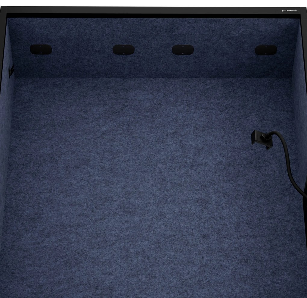 Kancelárska akustická kabína so sedadlom a portom USB-C, telo v čierny / sedák tmavomodrá v zelenej farbe, 1150 mm: SALLY MentalBox