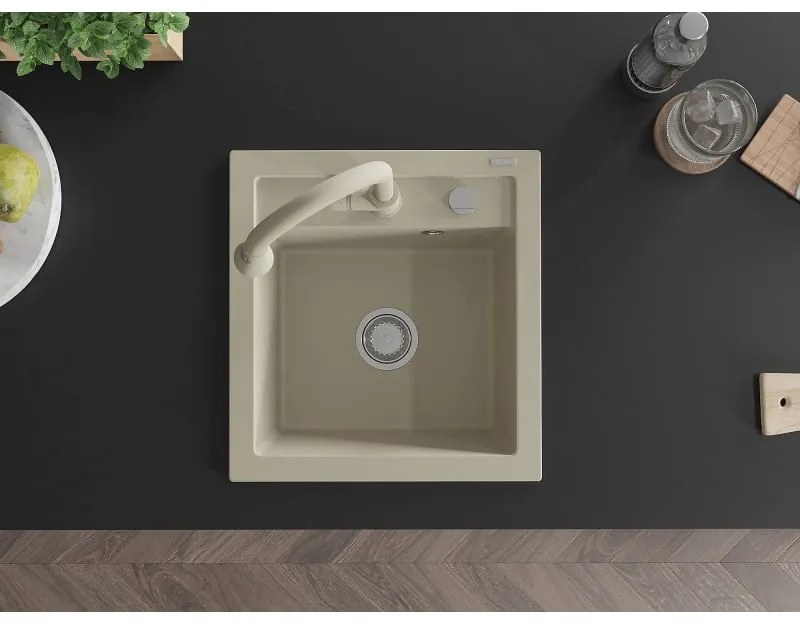 Mexen Vito, 1-komorový granitový drez 490x520x210 mm a drezová batéria Elia, béžová, 6503-69-670101-69
