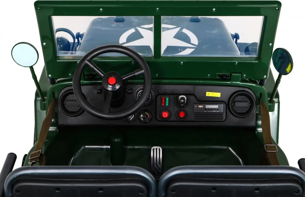 Ramiz Retro silné vojenské auto pre 3 deti Zelené + pohon 4x4 + úložné priestory + EVA + pomalý štart + MP3 LED