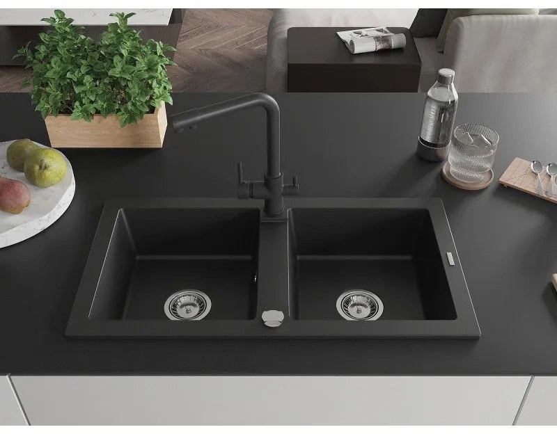 Mexen Mario, 2-komorový granitový drez 820x436x161 mm a čierna drezová batéria Duero, čierna, 6504-77-671600-70