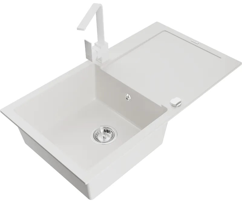 Mexen Leo, drez granitový 900x500x190 mm, 1-komorový, biely s chrómovým sifónom a biela drezová batéria Rita, 6501-20-670300-20