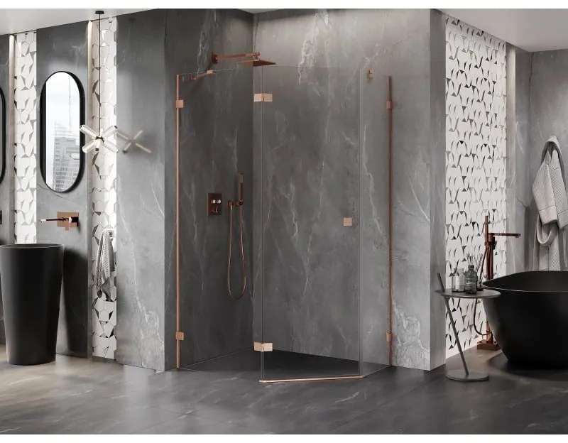 Mexen Lunar, Päťuholníkový sprchový kút Mexen Lunar naklápací doľava 100 x 90 cm, 8mm číre sklo, profil medená matná, 831-100L-090P-65-00-L