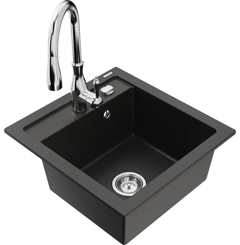 Mexen Vito, 1-komorový granitový drez 520x490x210 mm a drezová batéria Savita, čierna-zlatá metalíza, 6503-75-672601-00