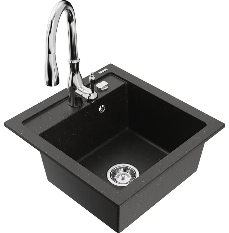 Mexen Vito, 1-komorový granitový drez 520x490x210 mm a drezová batéria Savita, čierna-zlatá metalíza, 6503-75-672601-00