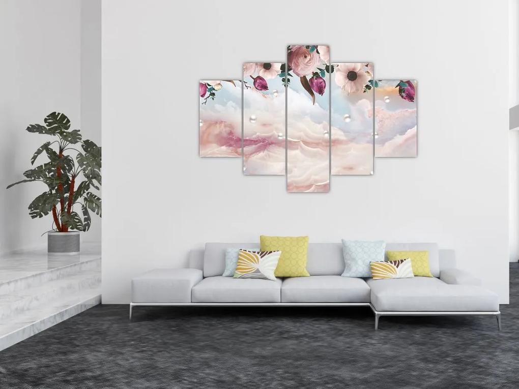 Obraz ružových kvetov s ružovým mramorom (150x105 cm)
