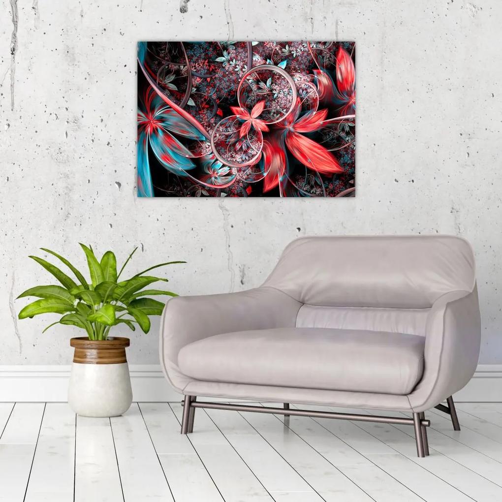 Abstraktný sklenený obraz exotických kvetov (70x50 cm)
