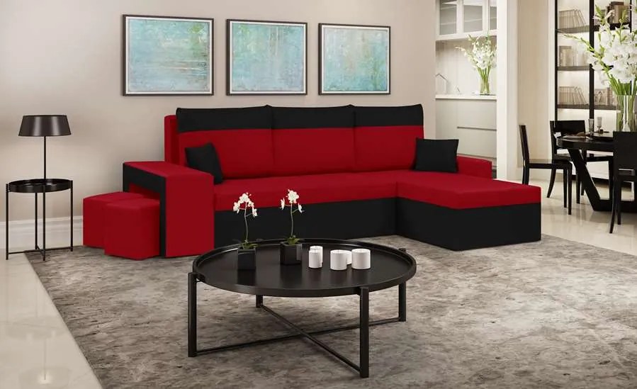 Rozkládací rohová sedací souprava NEVADA Červená/Černá + 2 Taburety