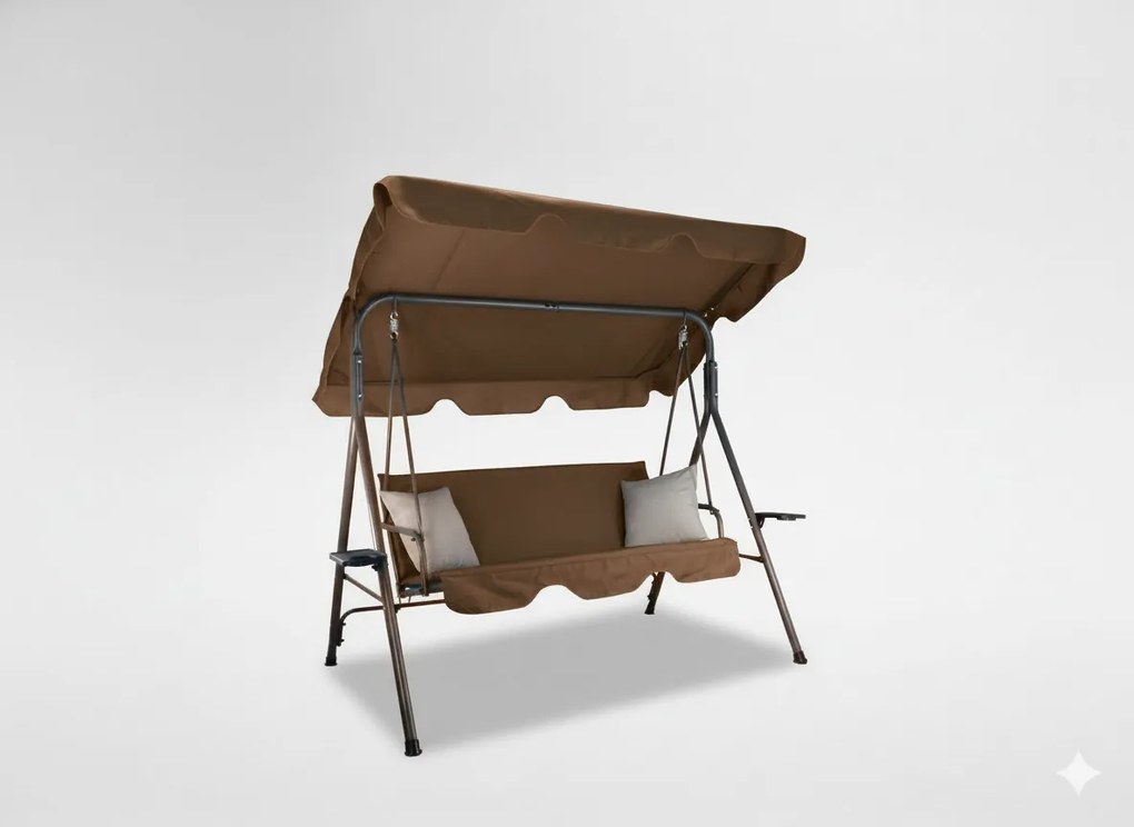 CH ZÁHRADNÁ HOJDAČKA TYPU A 170 x 118 x 153 cm HNEDÁ S BEŽOVÝMI VANKÚŠIKMI A DRŽIAKMI NA POHÁRE